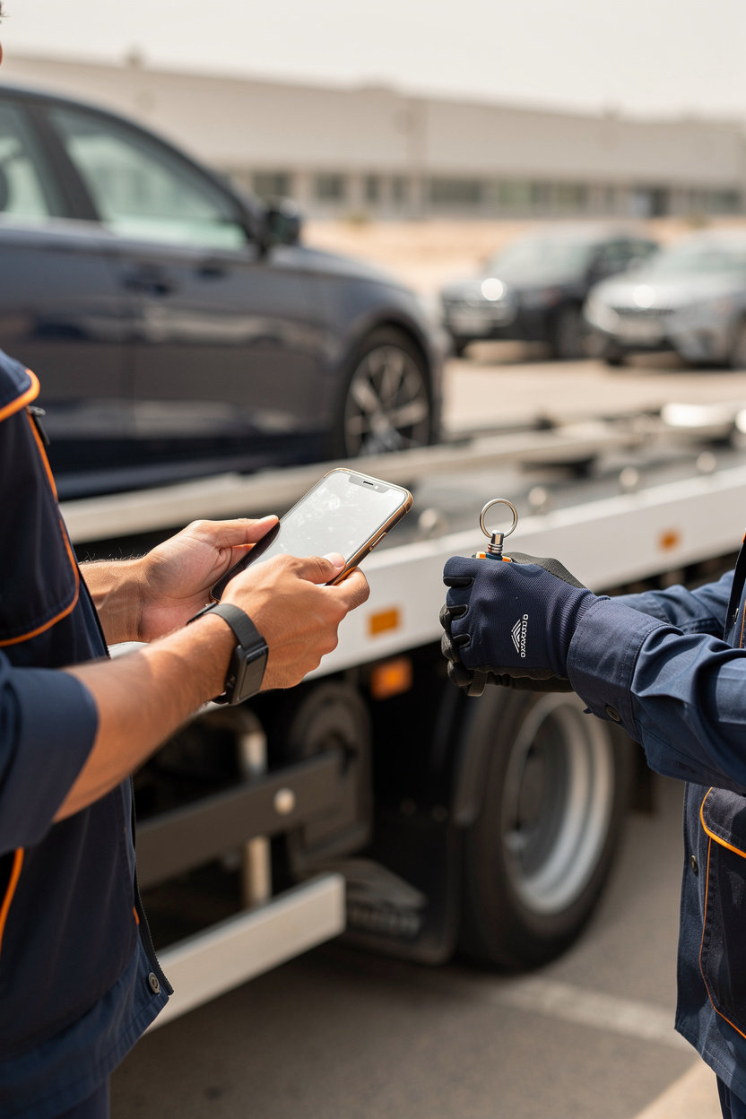 سطحة نقل سيارات خميس مشيط تحمل سيارة على سطحة هيدروليك لتوضيح تقدير الأسعار قبل التحميل